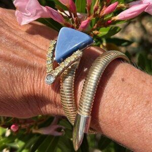 MCM Blue Moonglow Thermoset Rhinestone Gold Snake Wrap Cuff BRACELET